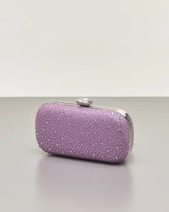 Clutch rigida fucsia a forma ovale in lurex con strass tono su tono applicati sul davanti con chiusura a gioiello a scatto