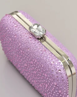 Clutch rigida fucsia a forma ovale in lurex con strass tono su tono applicati sul davanti con chiusura a gioiello a scatto