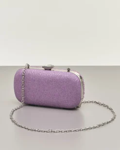 Clutch rigida fucsia a forma ovale in lurex con strass tono su tono applicati sul davanti con chiusura a gioiello a scatto
