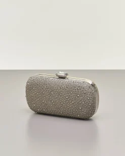 Clutch rigida grigia a forma ovale in lurex con strass tono su tono applicati sul davanti con chiusura a gioiello a scatto
