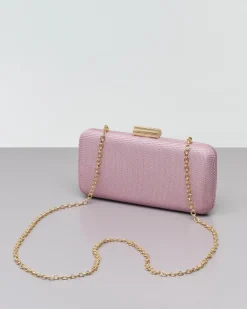 Clutch rigida rosa cipria in tessuto lavorato a micro rete con chiusura a scatto tubolare in metallo dorato