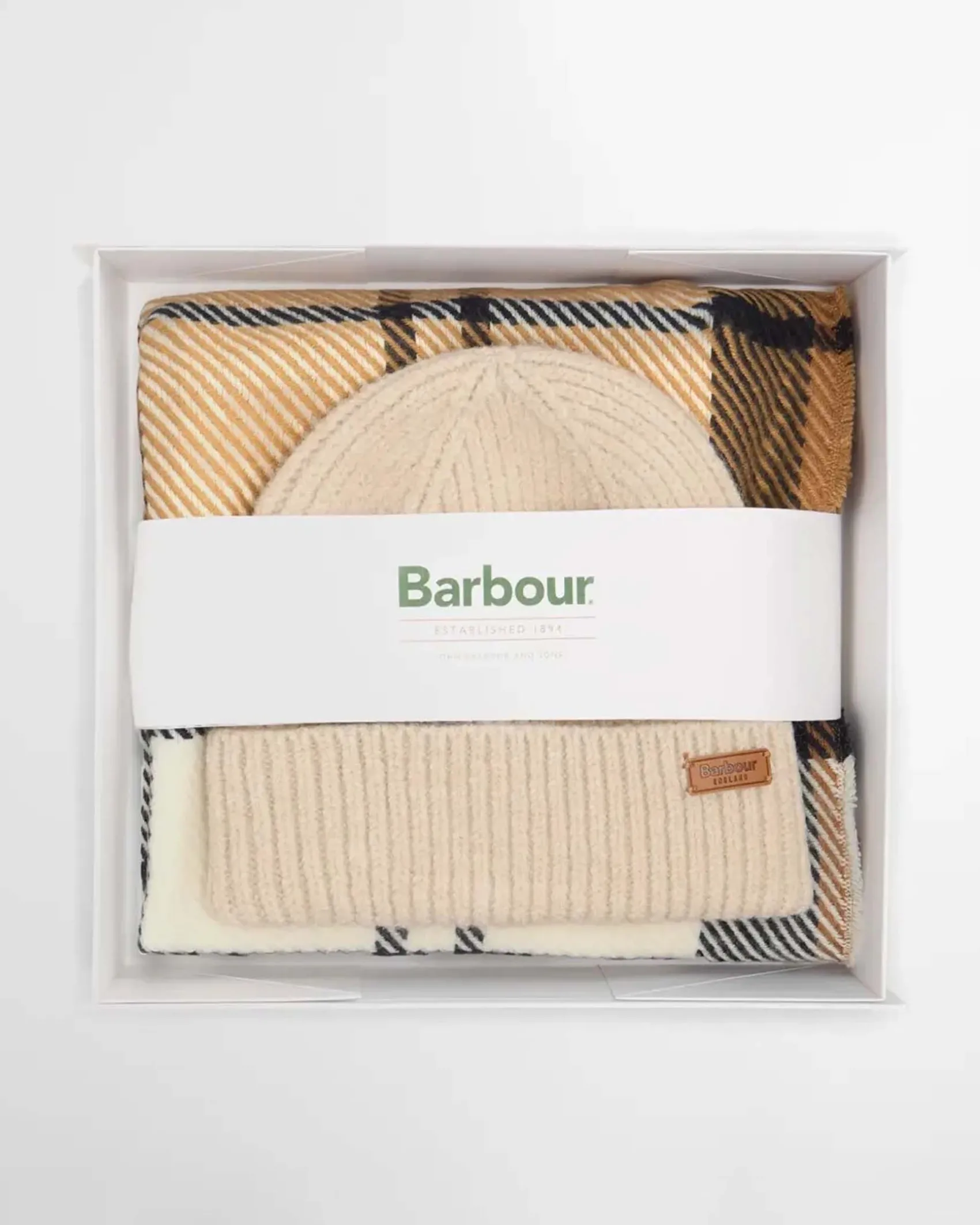 Cofanetto Barbour con sciarpa a fantasia tartan cammello e blu con berretto avorio a coste con risvolto