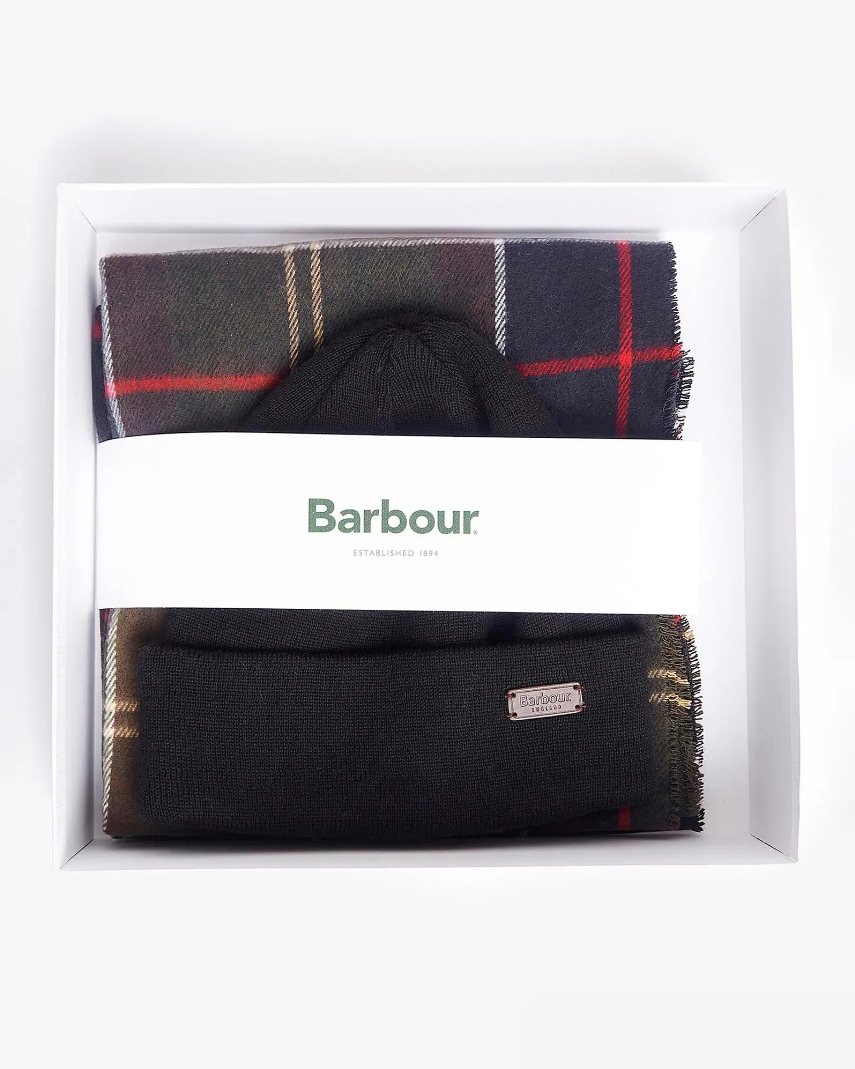 Cofanetto Barbour idea regalo composto da sciarpa tartan check militare e blu e berretto nero