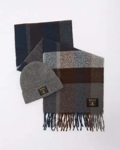 Cofanetto Barbour idea regalo composto da sciarpa tartan check grigia blu e marrone e berretto grigio