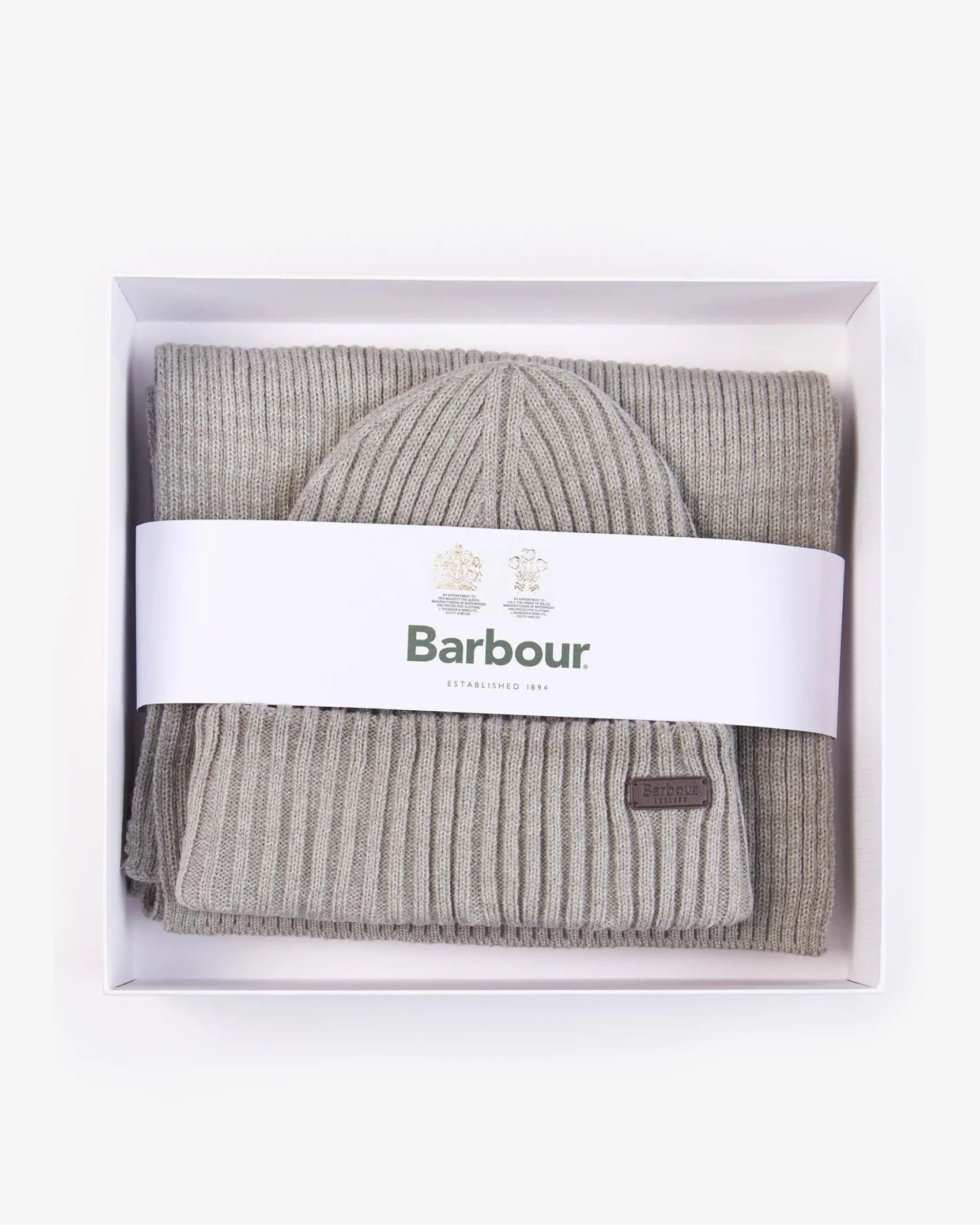 Cofanetto Barbour idea regalo composto da sciarpa grigia a coste e guanto abbinato
