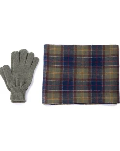Cofanetto idea regalo Barbour composto da sciarpa tartan check blu e verde e guanto verde chiaro