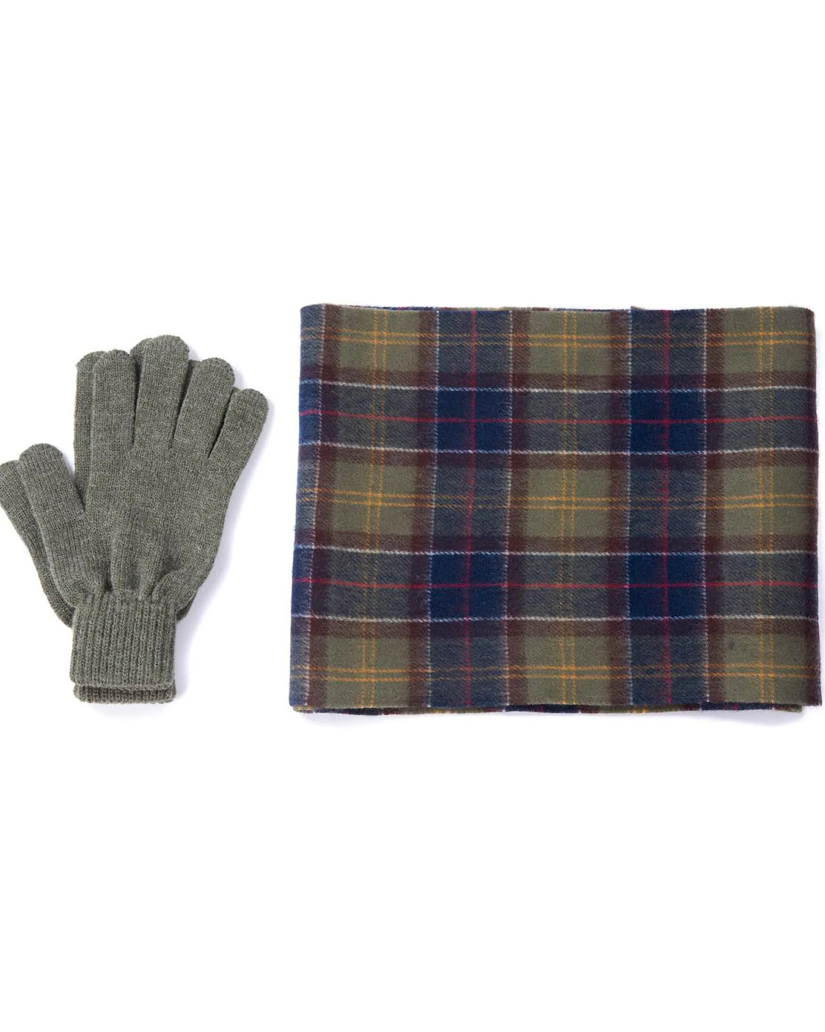 Cofanetto idea regalo Barbour composto da sciarpa tartan check blu e verde e guanto verde chiaro