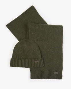 Cofanetto idea regalo Barbour composto da sciarpa e berretto verde militare in lana bottonata