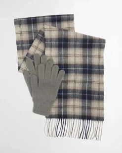 Cofanetto idea regalo Barbour composto da sciarpa tartan check e guanto grigio