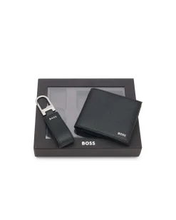 Cofanetto idea regalo composto da portafoglio nero Boss in vera pelle martellata e portachiavi abbinato