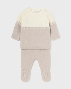 Completo a due pezzzi beige e panna in misto cotone e lana tricot