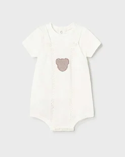 Completo avorio composto da t-shirt e salopette in maglia di cotone con orsetto jacquard 2-6 mesi