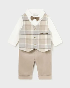 Completo biege grigio e bianco in cotone stretch a tre pezzi