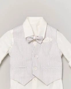 Completo composto da camicia bianca con gilet e pantalone a righe panna e beige 9-36 mesi