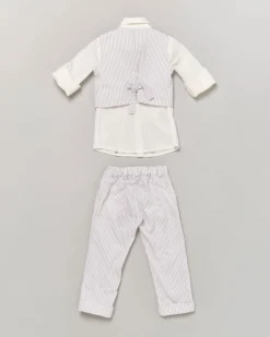 Completo composto da camicia bianca con gilet e pantalone a righe panna e beige 9-36 mesi