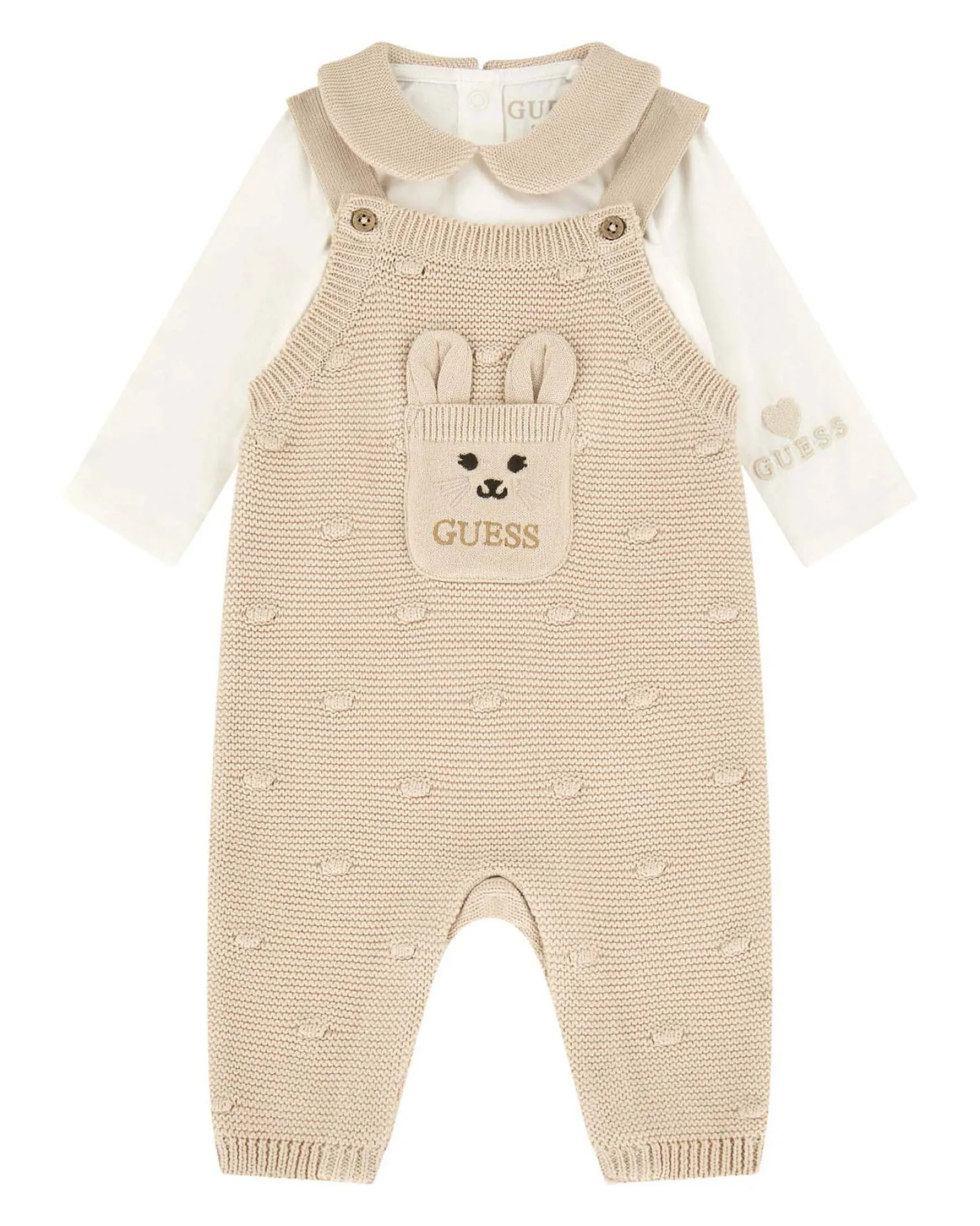 Completo Guess beige e bianco con salopette tricot e body