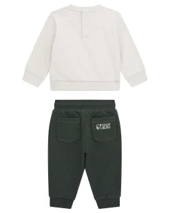 Completo Guess felpa beige e jogger verde in puro cotone