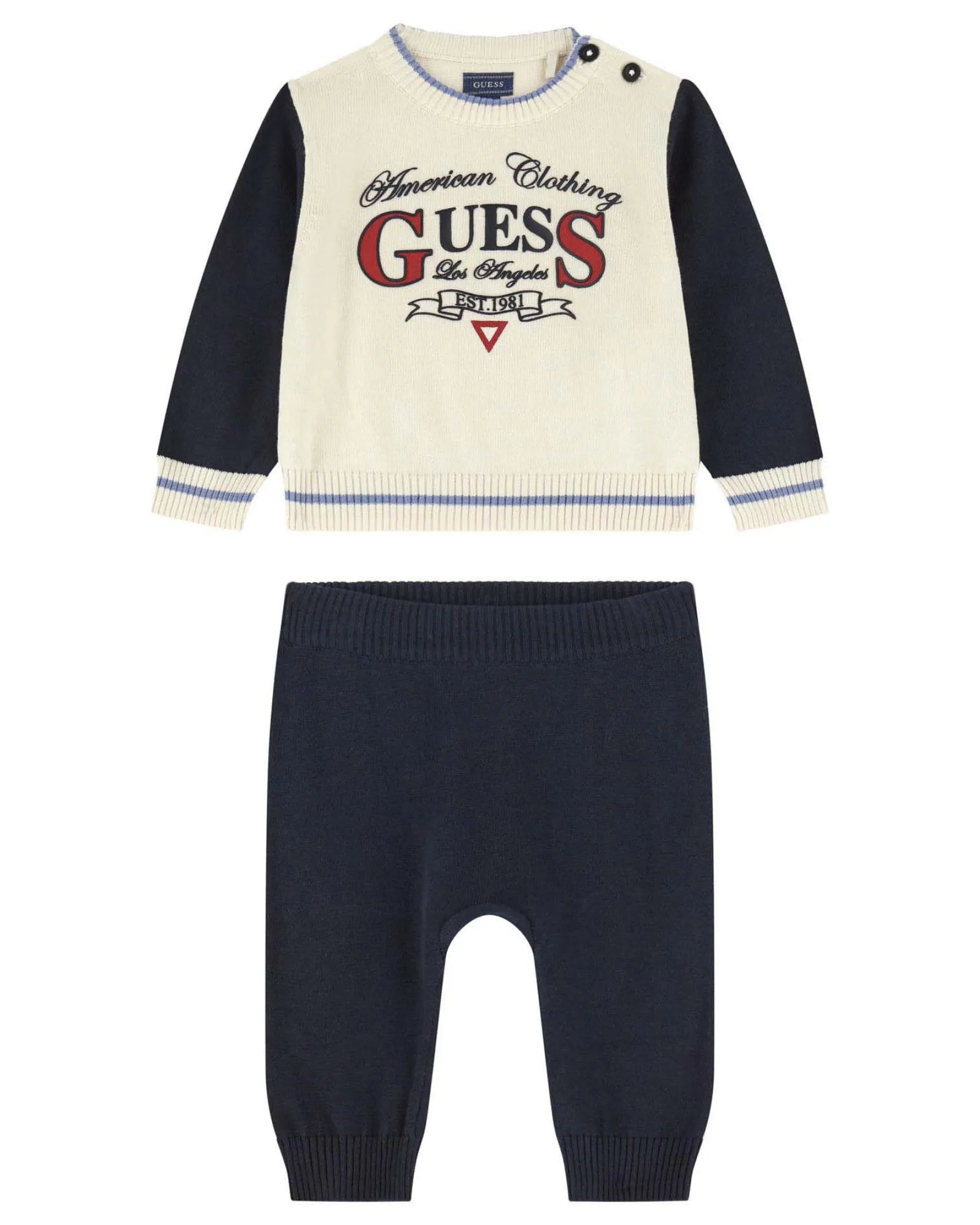 Completo Guess maglia avorio e blu e jogger blu in maglia tircot puro cotone