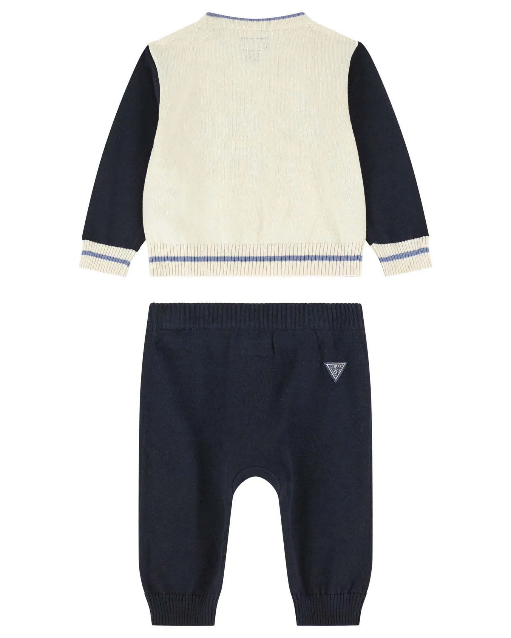 Completo Guess maglia avorio e blu e jogger blu in maglia tircot puro cotone