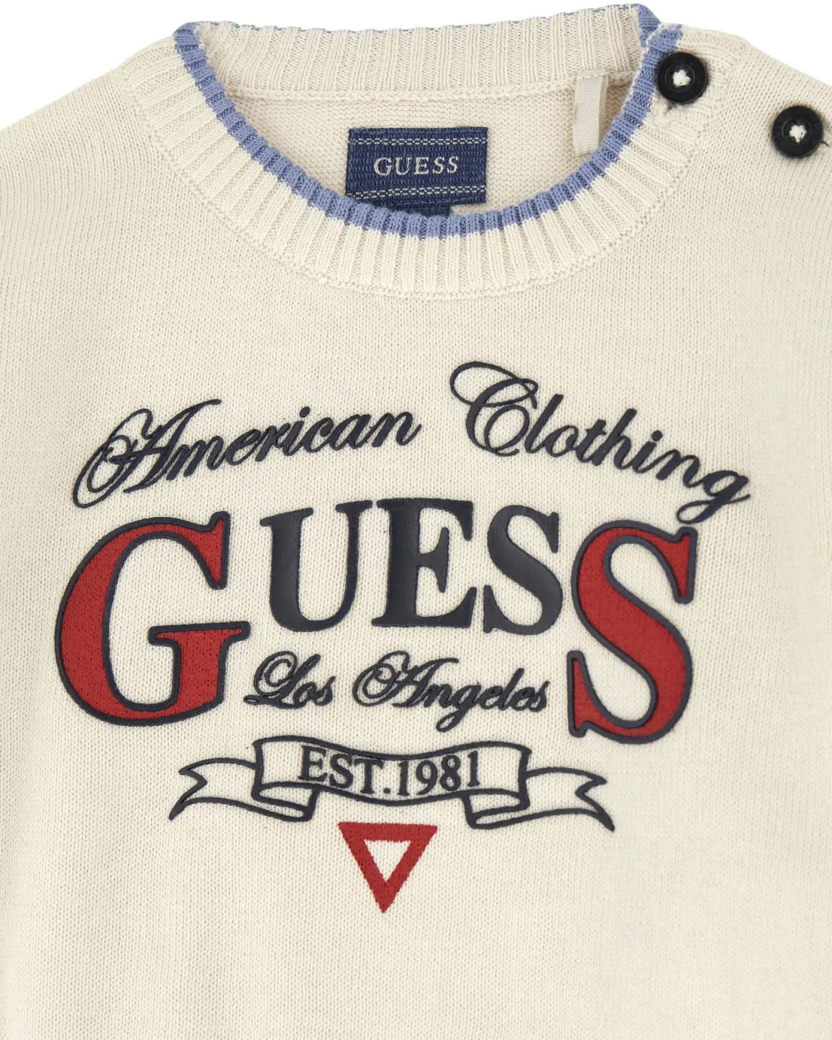 Completo Guess maglia avorio e blu e jogger blu in maglia tircot puro cotone