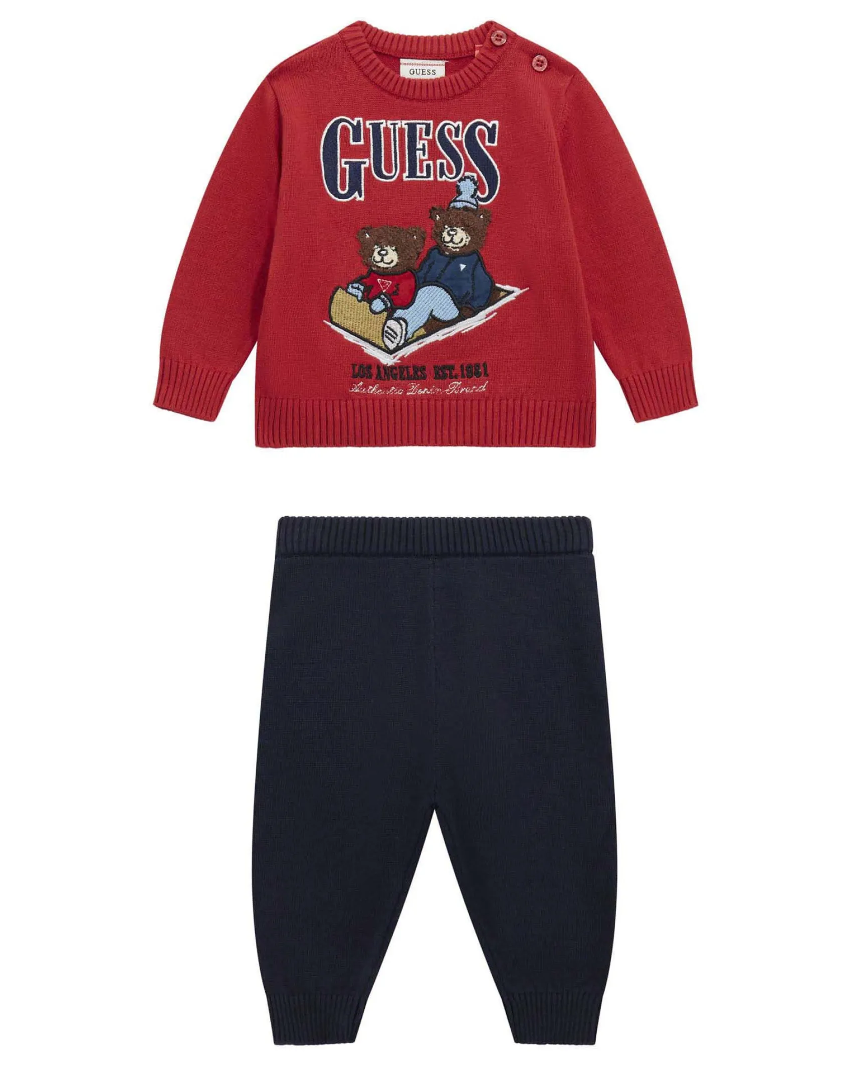 Completo Guess rosso e blu in maglia con orsetto tricot