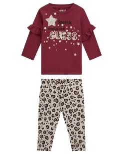 Completo in cotone stretch con maglia rossa e leggins maculato a cuori