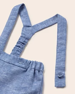 Completo in lino e cotone composto da camicia alla coreana a righe bianche e azzurre e bermuda con bretelle 4-12 mesi