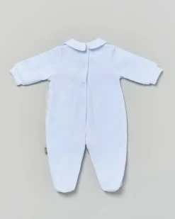 Completo Lalalù azzurro in ciniglia con orsetto ricamato e fantasia tartan check