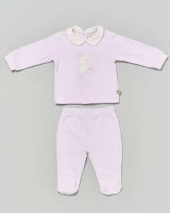 Completo Lalalù rosa in ciniglia con peperella ricamata e smiles soffusi