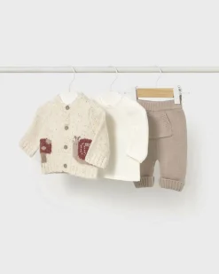 Completo Mayoral cardigan pantaloni e maglia avorio con fantasia lumache tricot