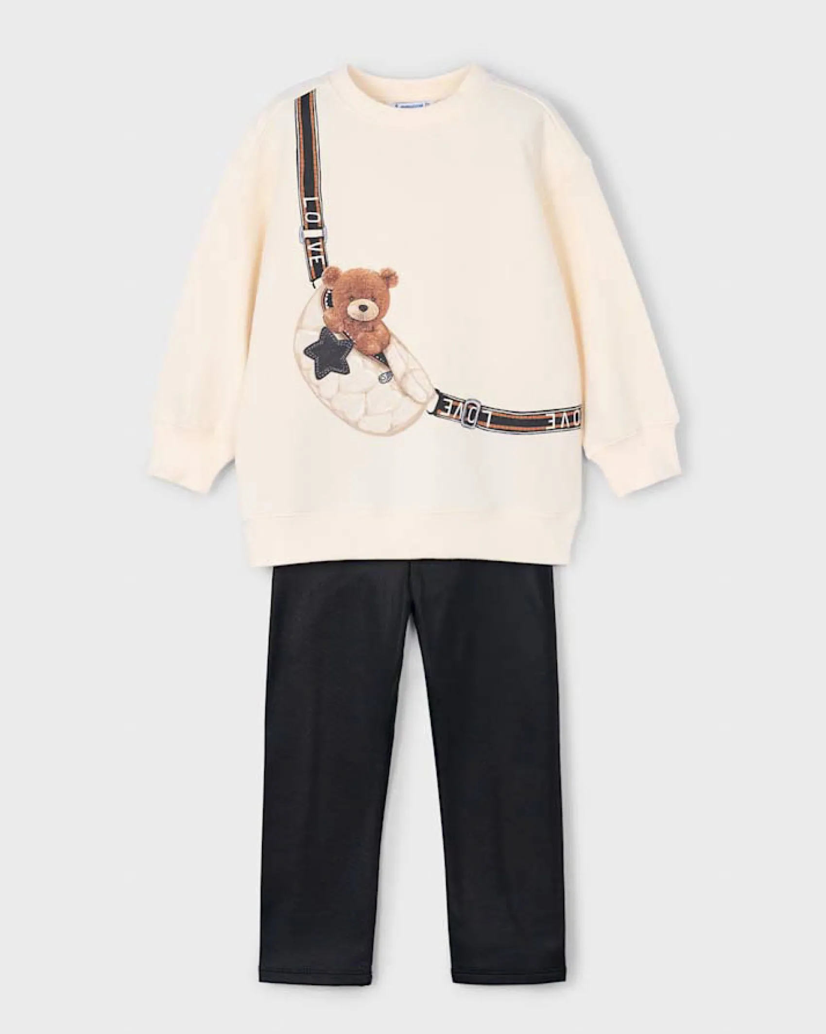 Completo Mayoral pullover avorio e leggins nero con orsetto marsupio