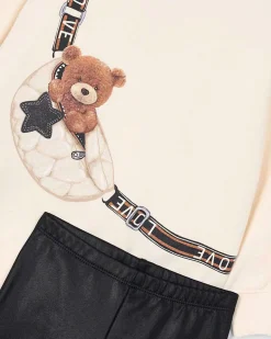 Completo Mayoral pullover avorio e leggins nero con orsetto marsupio