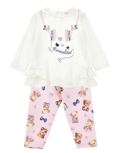 Completo Monnalisa in puro cotone a due pezzi rosa e bianco con orsetti