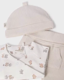 Completo nascita avorio e beige con fantasia animaletti e cappellino