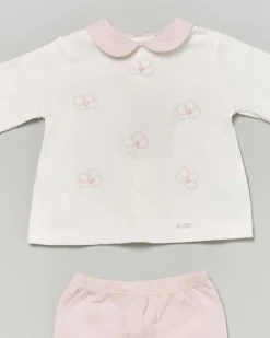 Completo nascita Lalalù bianco e rosa con fiori ricamati