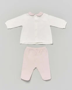 Completo nascita Lalalù bianco e rosa con fiori ricamati