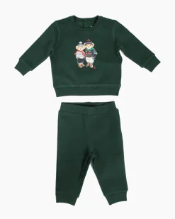 Completo Polo Ralph Lauren in felpa di misto cotone verde bosco con stampa orsetti