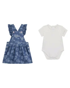 Completo salopette blu e body bianco Guess in cotone stretch