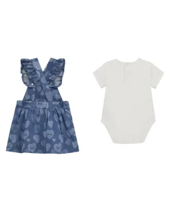 Completo salopette blu e body bianco Guess in cotone stretch