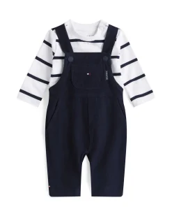 Completo Tommy Hilfiger salopette e maglia a righe blu e bianca