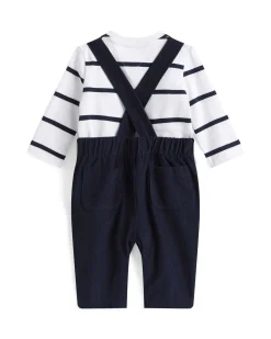 Completo Tommy Hilfiger salopette e maglia a righe blu e bianca
