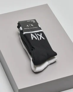 Confezione doppio calzino Armani Exchange nero e bianco in spugna di cotone con logo AX in contrasto