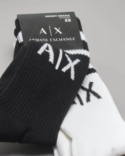 Confezione doppio calzino Armani Exchange nero e bianco in spugna di cotone con logo AX in contrasto