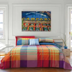 Copriletto trapuntato a una piazza e mezza a fantasia tartan multicolore