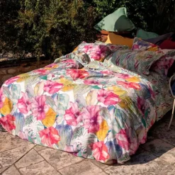 Copripiumino a due piazze double-face Kentia in cotone con stampa Ibisco e felci multicolor