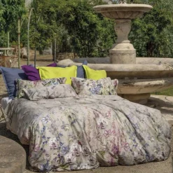Copripiumino a due piazze double-face Arome in raso di cotone taupe con stampa floreale multicolor