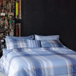 Copripiumino Cairoli a una piazza in cotone a fantasia tartan azzurra e beige 155x200