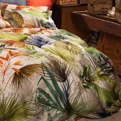 Copripiumino Palmeraie Izylinen double face a due piazze in cotone bianco a stampa felci verde e arancio