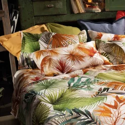 Copripiumino Palmeraie Izylinen double face a due piazze in cotone bianco a stampa felci verde e arancio