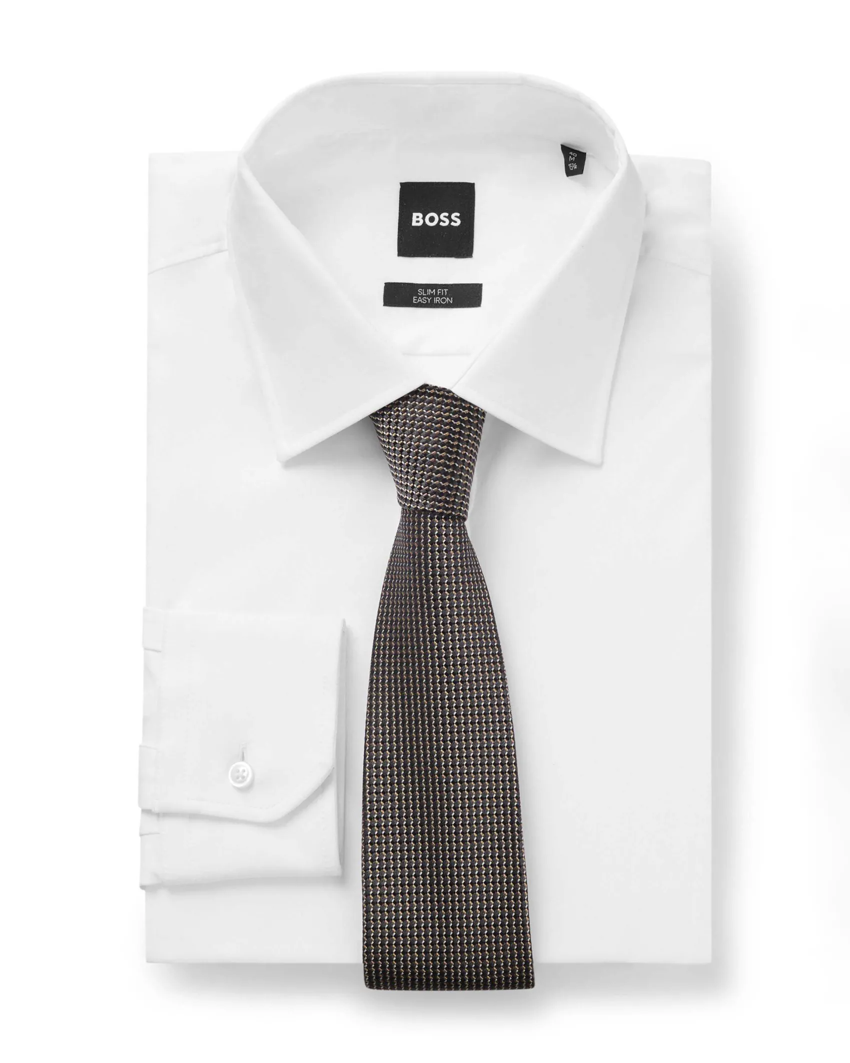 Cravatta Boss color noce in pura seta con micro motivo jacquard